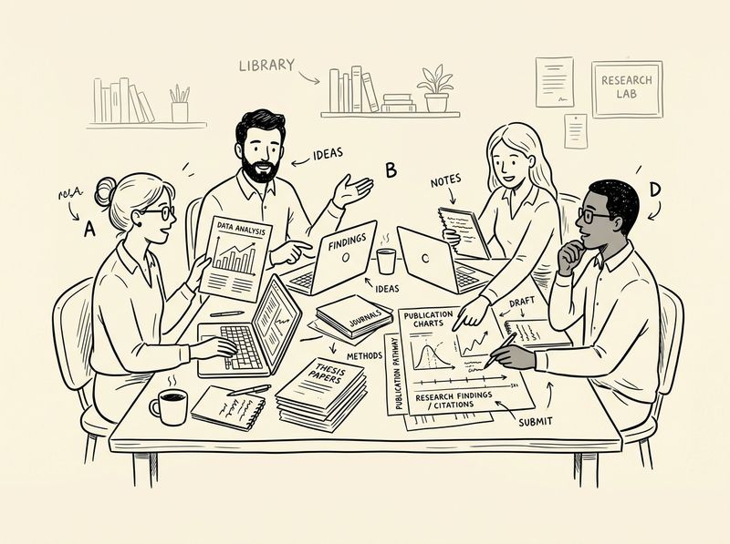 Academic research team collaboration doodle illustration